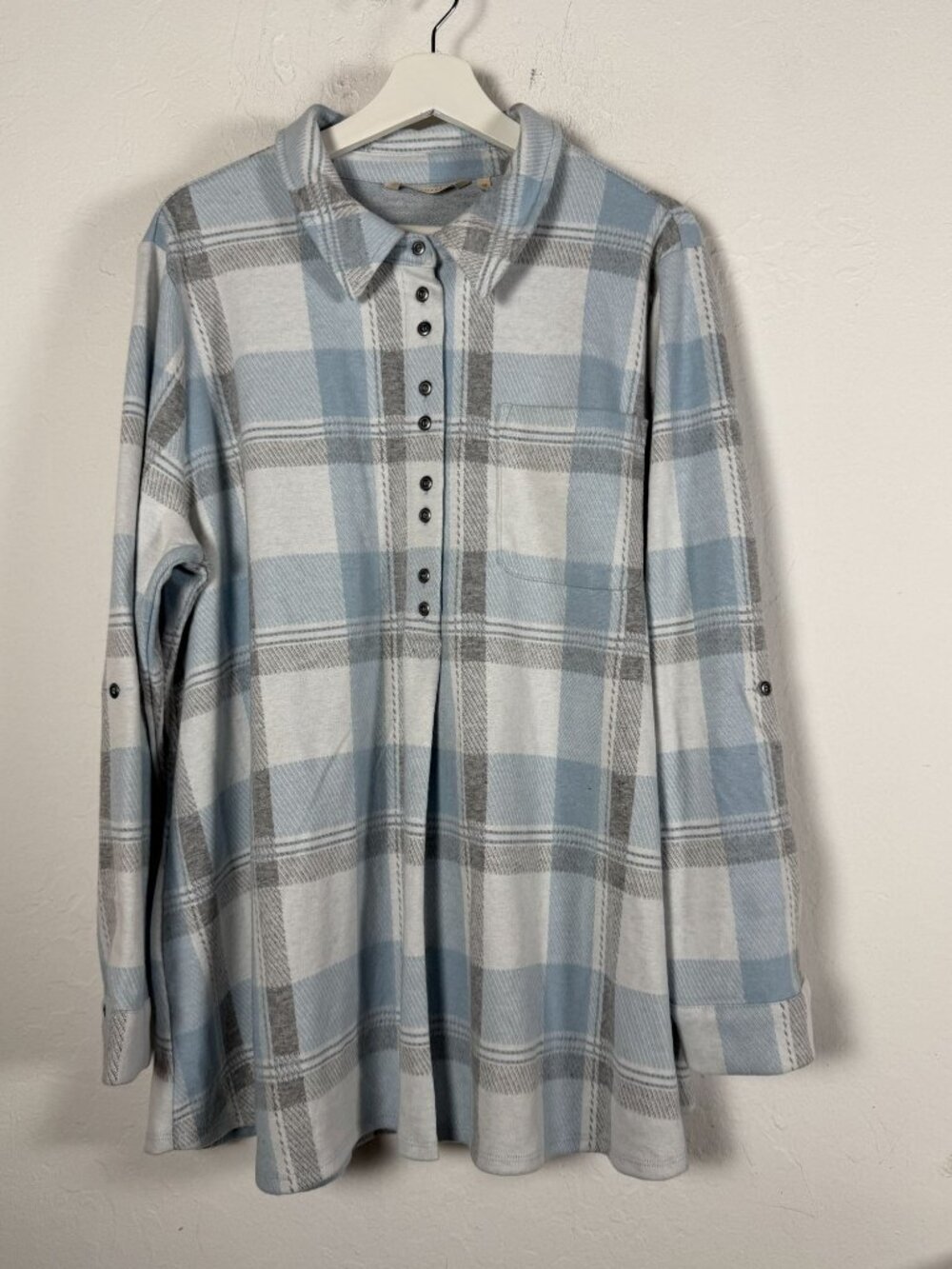 Soft Surroundings Womens Plaid Tunic Shirt Blue Gray Roll Tab Button Pullover 1X